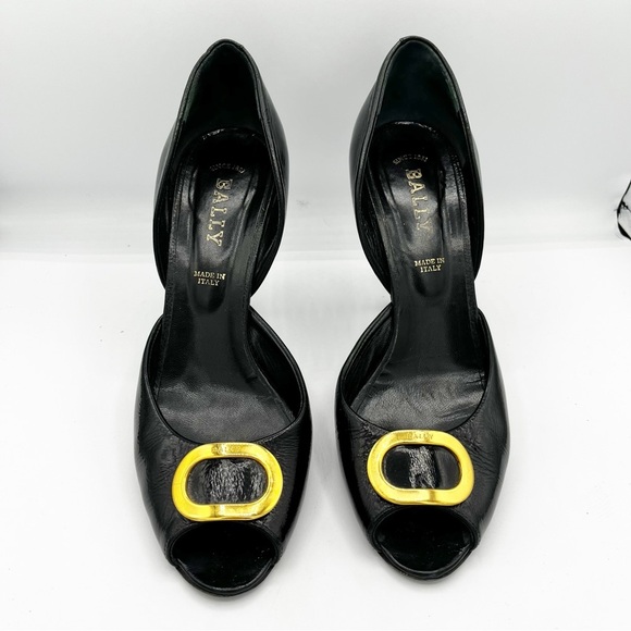 Bally Vintage Black Leather Peep-Toe Heels Gold Accent 40.5/ 10 - Picture 2 of 9